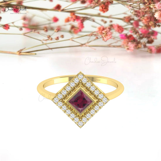 Halo 4mm Square Rhodolite Garnet And Diamond Halo 14k Real Gold Engagement Ring