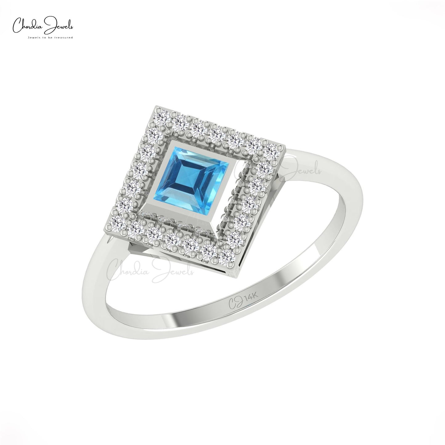 Bezel Set 0.32Ct Swiss Blue Topaz And G-H Diamond Accents in 14k Real Gold Halo Ring