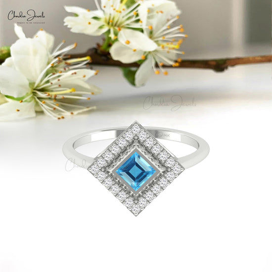 Bezel Set 0.32Ct Swiss Blue Topaz And G-H Diamond Accents in 14k Real Gold Halo Ring