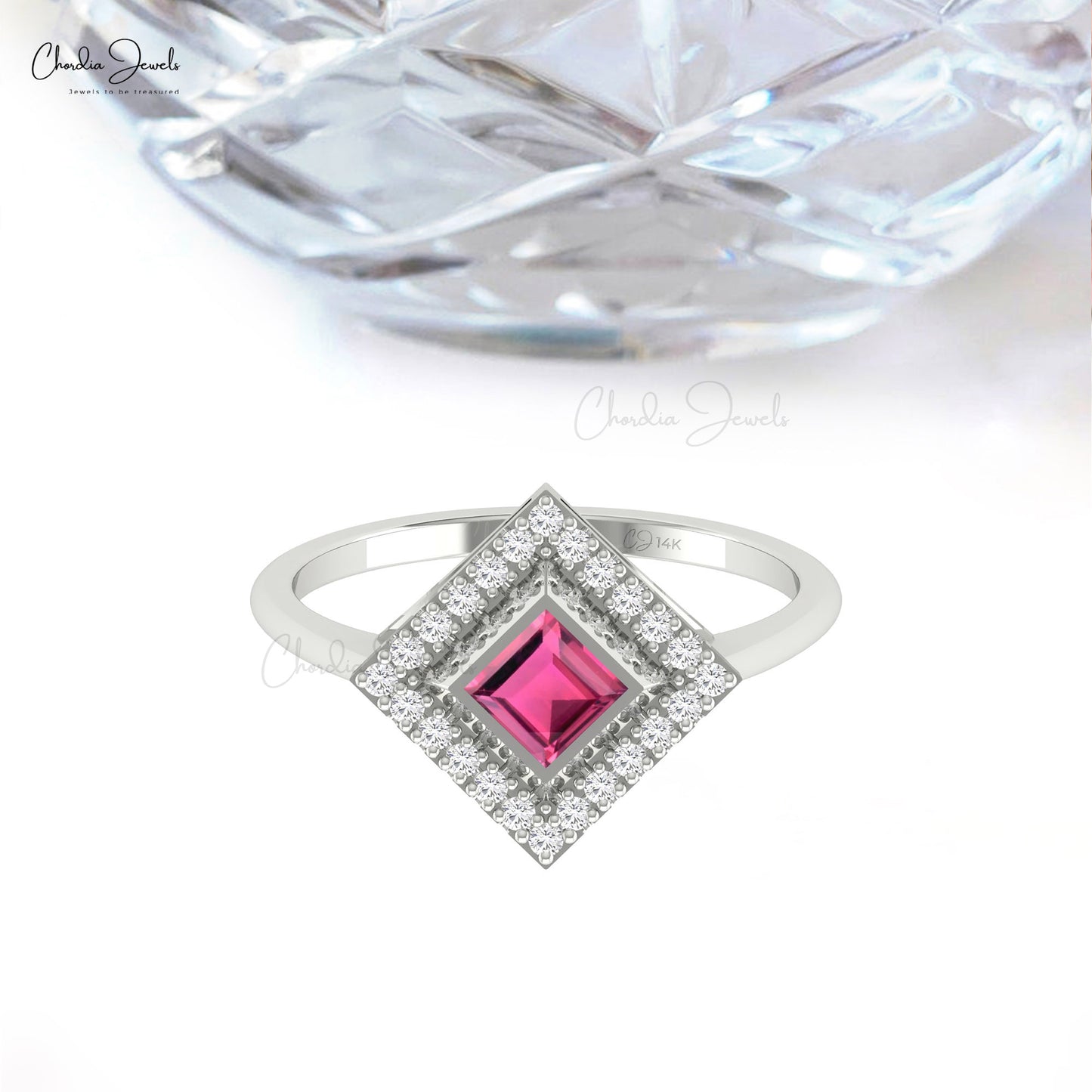 Bezel Set Halo Wedding Ring With 0.32 Ct Pink Tourmaline And Diamond Unique Ring