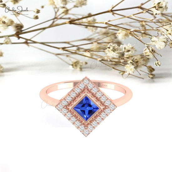 Halo Wedding Ring With Natural 4mm Tanzanite Gemstone Real 14k Gold Diamond Rings