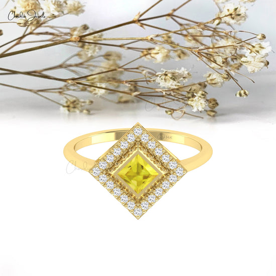 Bezel Set 0.48Ct Square Yellow Sapphire With 14k Solid Gold Diamond Halo Wedding Ring