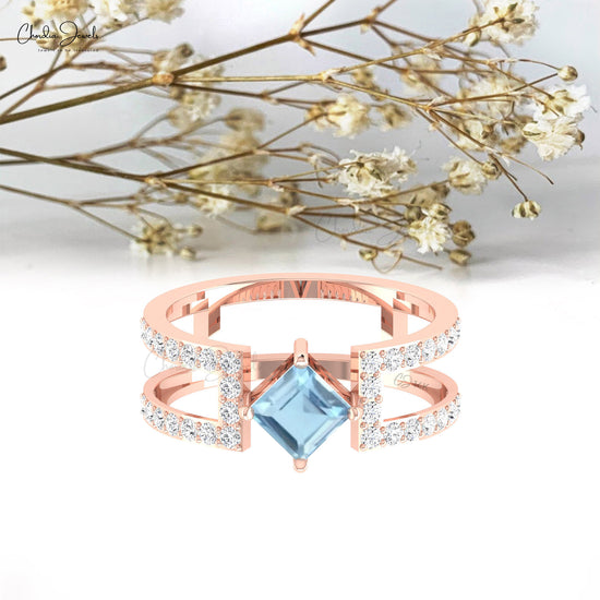 Stackable 0.6 Ct Aquamarine And Diamond Accents In 14k Solid Gold Parallel Split Shank Ring