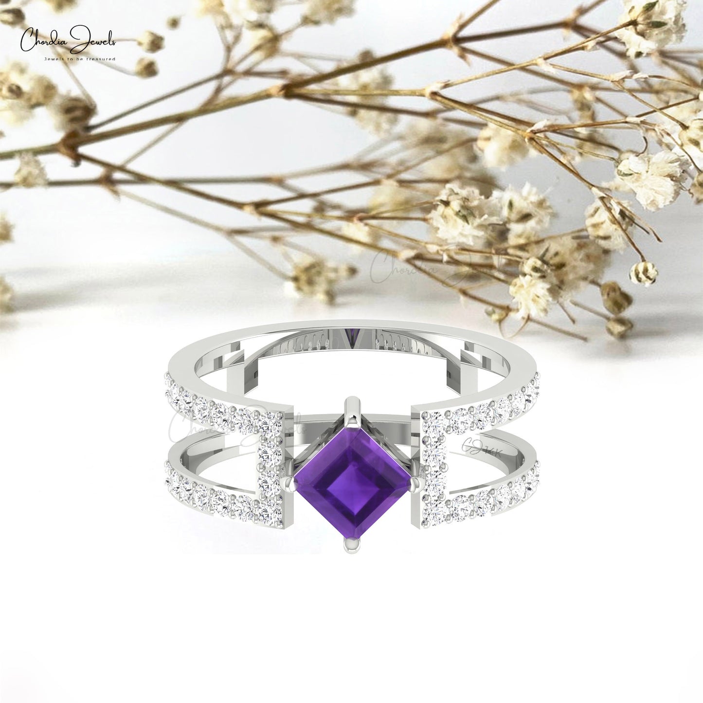 Double Band Ring in 14k Solid Gold Square Amethyst And Diamond Split Shank Wedding Ring