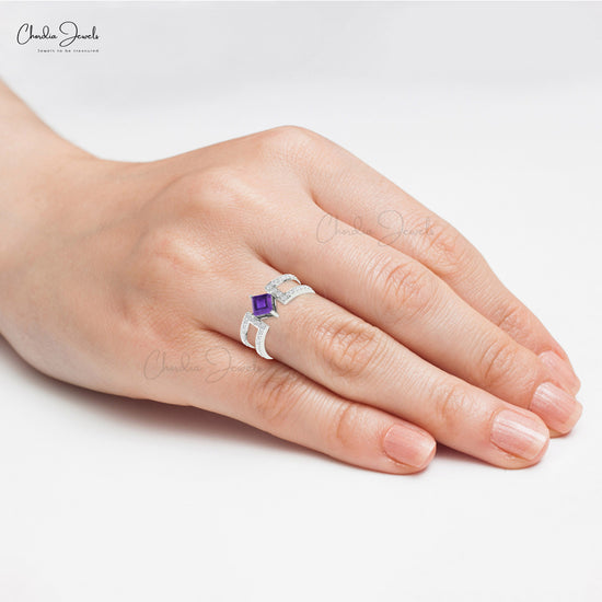 Double Band Ring in 14k Solid Gold Square Amethyst And Diamond Split Shank Wedding Ring