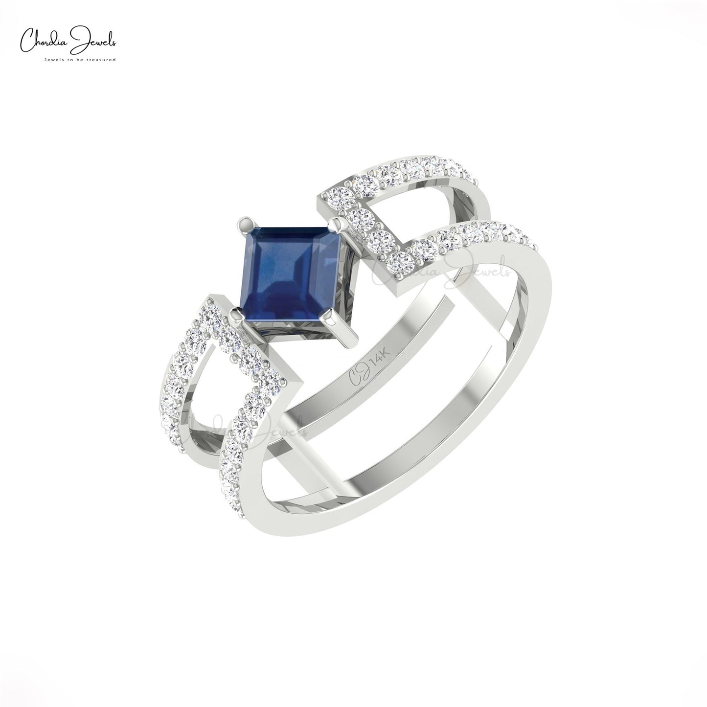 Dual Split Shank Ring In 14k Solid Gold With 5mm Blue Sapphire Diamond Birthstone Ring