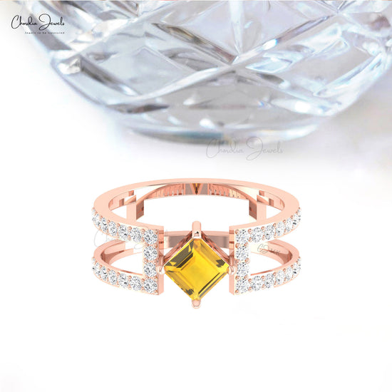 Square Cut 0.6 CT Citrine And G-H Diamond Parallel Split Shank Women Ring in 14k Real Gold