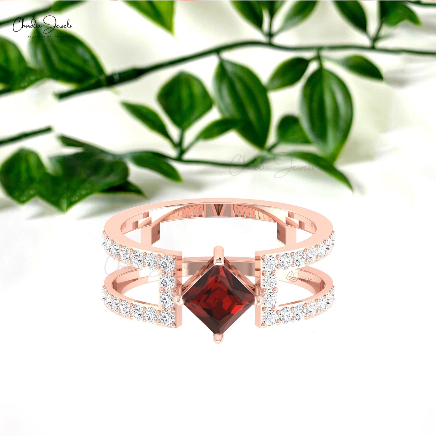 Parallel Split Shank Ring With 5mm Square Garnet & Diamond Accents In 14k Solid Gold Ring