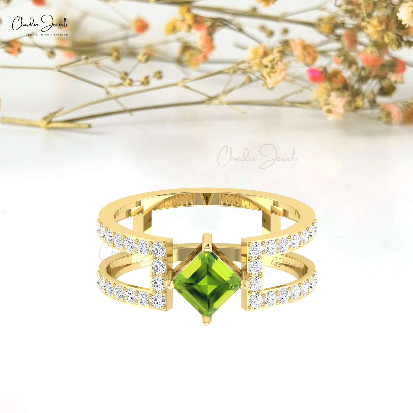 Solid 14k Gold Dual Band Ring With 0.6 Ct Green Peridot And G-H Diamond Split Shank Ring