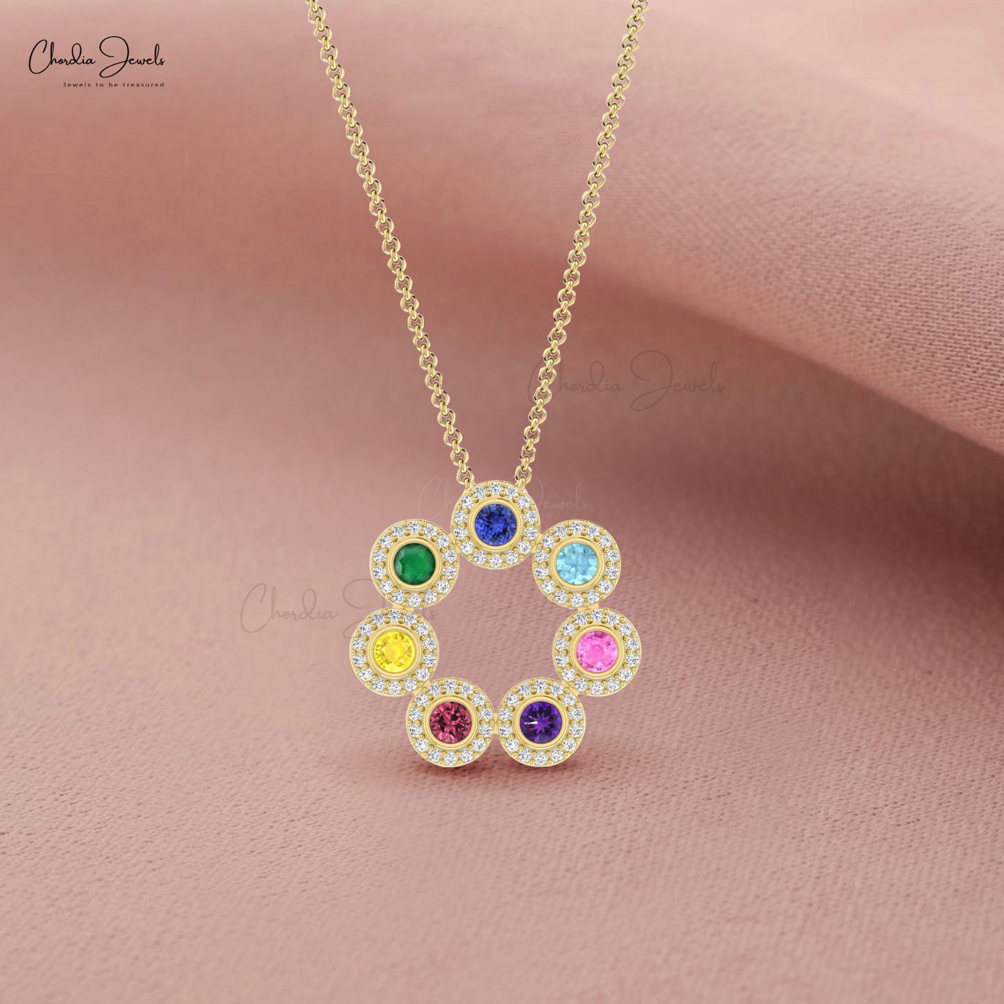 Multi Stone Rainbow Circle Necklace in 14k Solid Gold With Halo Diamond Women Necklace