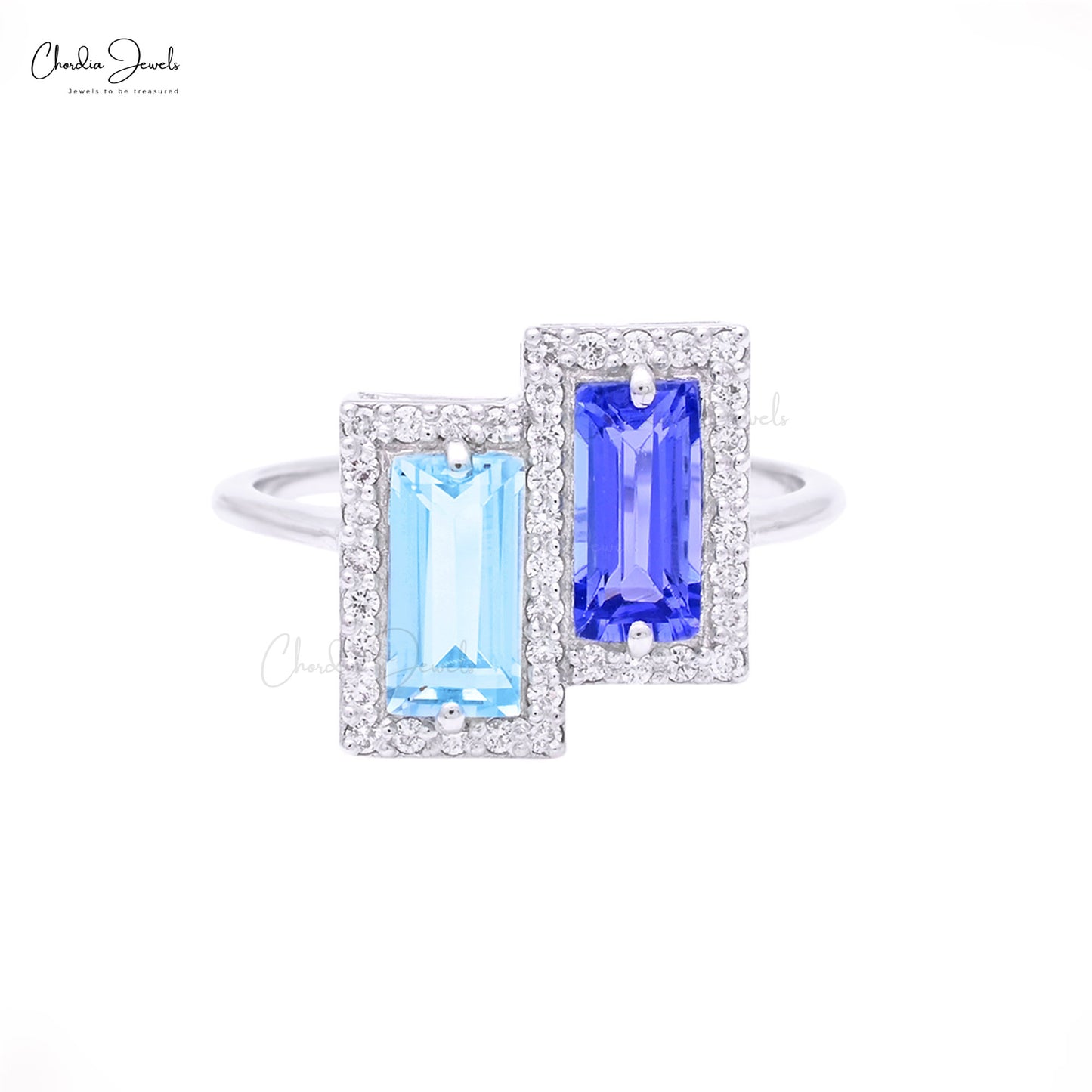 Cocktail Halo Diamond Ring In 14k Real White Gold Baguette Tanzanite And Aquamarine Rings