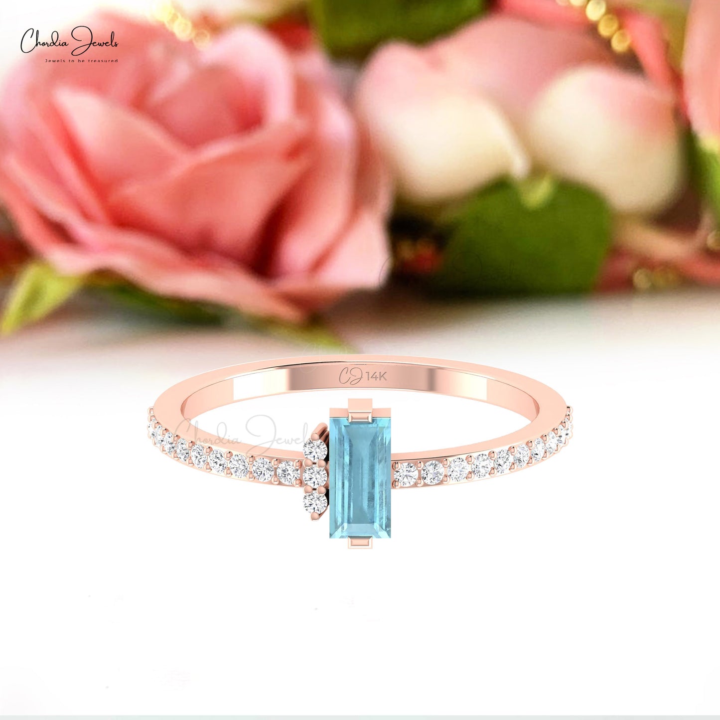 Real Baguette Aquamarine And Dainty Diamond Accents In 14k Gold Anniversary Ring