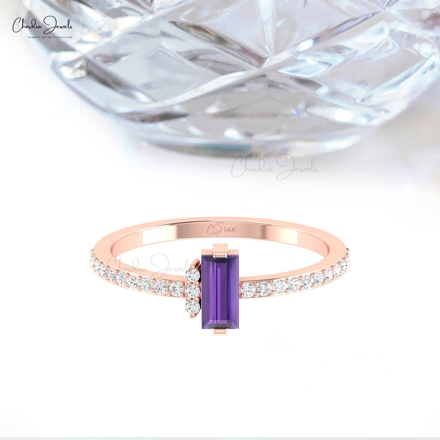 Double Birthstone Ring With 0.32 Ct Purple Amethyst Real 14k Gold And G-H Diamond Dainty Ring