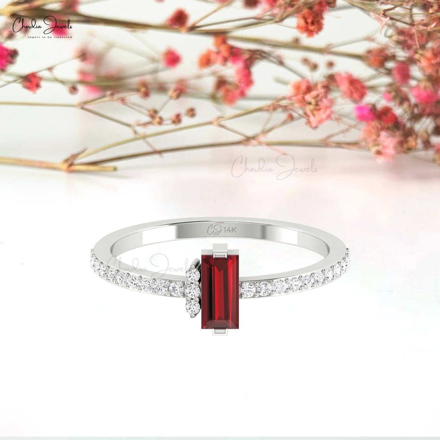 Dainty Dual Birthstone Ring with 0.32 Ct Red Garnet 14kSolid Gold And Diamond Unique Ring