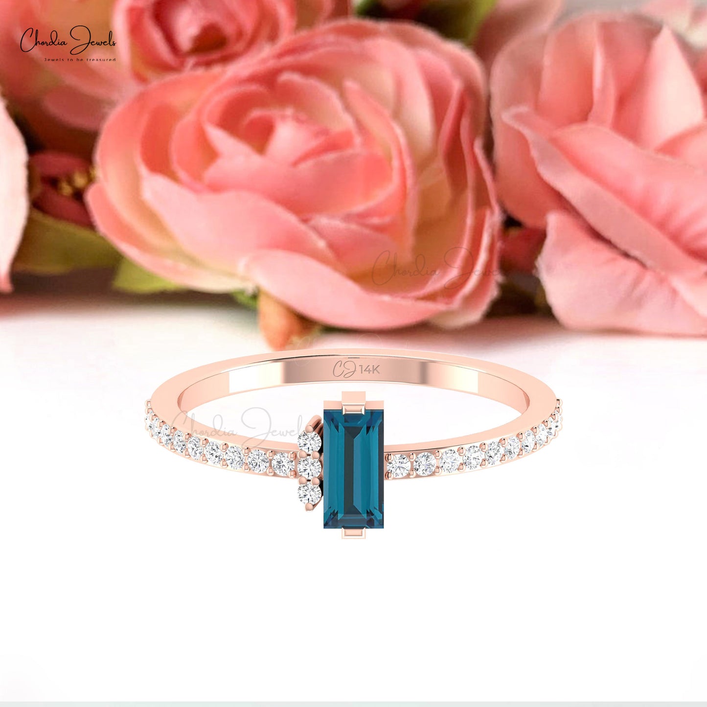 Solid 14k Gold Dainty Ring With 6x3mm London Blue Topaz And Small Diamond Ring For Her