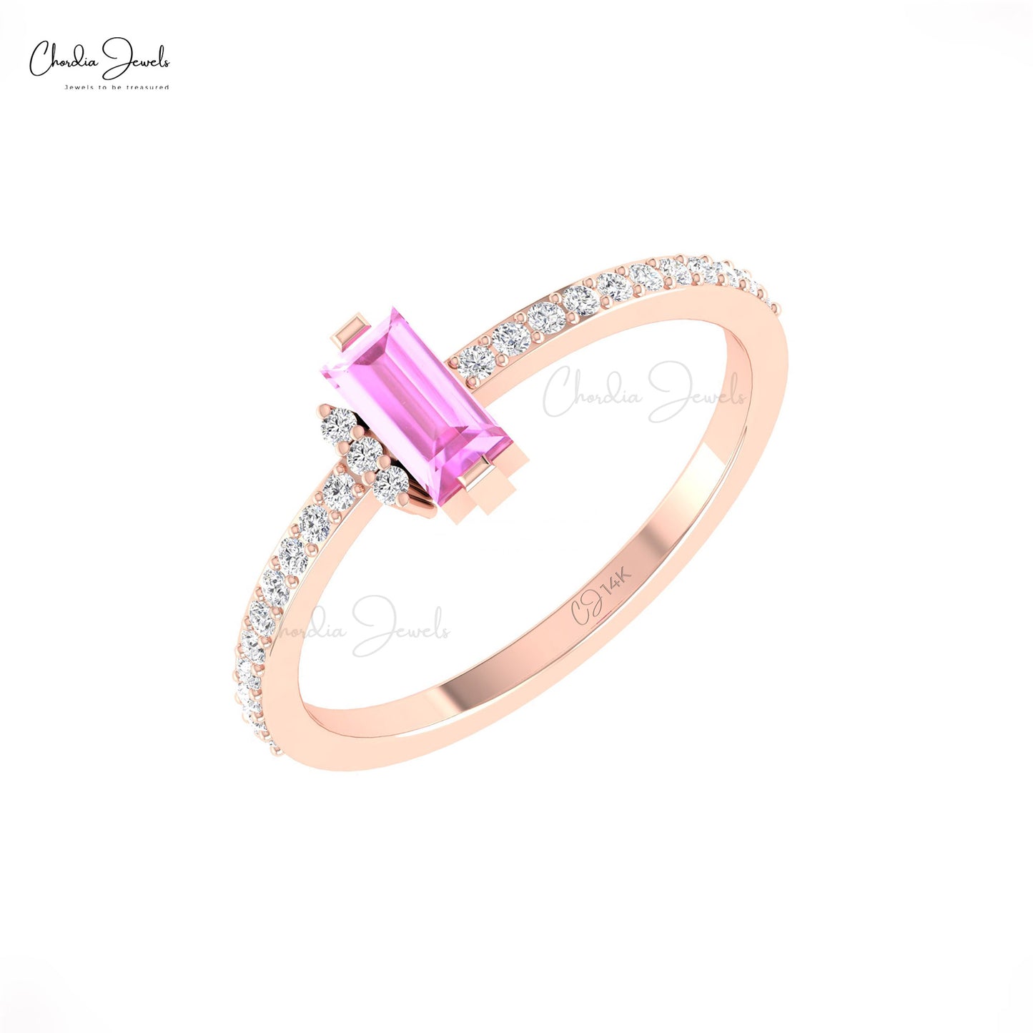 Real 14k Gold Baguette Ring With 6x3mm Pink Sapphire Gemstone Diamond Unique Rings