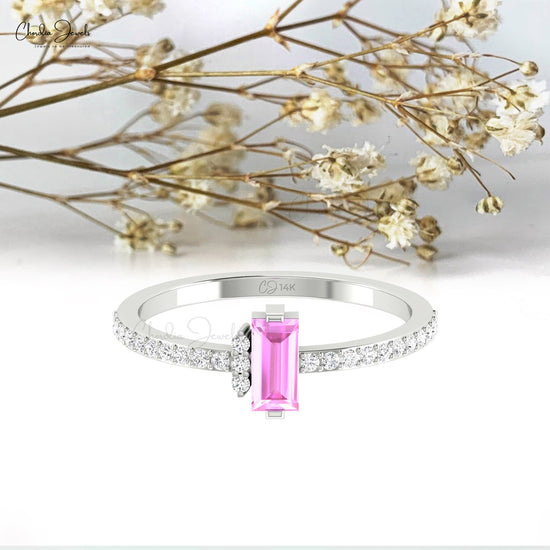 Real 14k Gold Baguette Ring With 6x3mm Pink Sapphire Gemstone Diamond Unique Rings