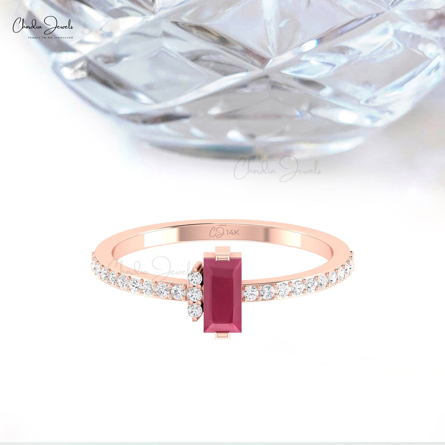 Dainty Baguette Prong Set Burma Ruby & Diamond Accent in 14k Solid Gold Promise Ring