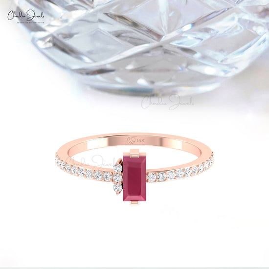 Dainty Baguette Prong Set Burma Ruby & Diamond Accent in 14k Solid Gold Promise Ring