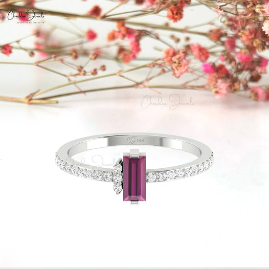 Natural Baguette Rhodolite Garnet And Diamond Accented In 14k Solid Gold Dainty Ring