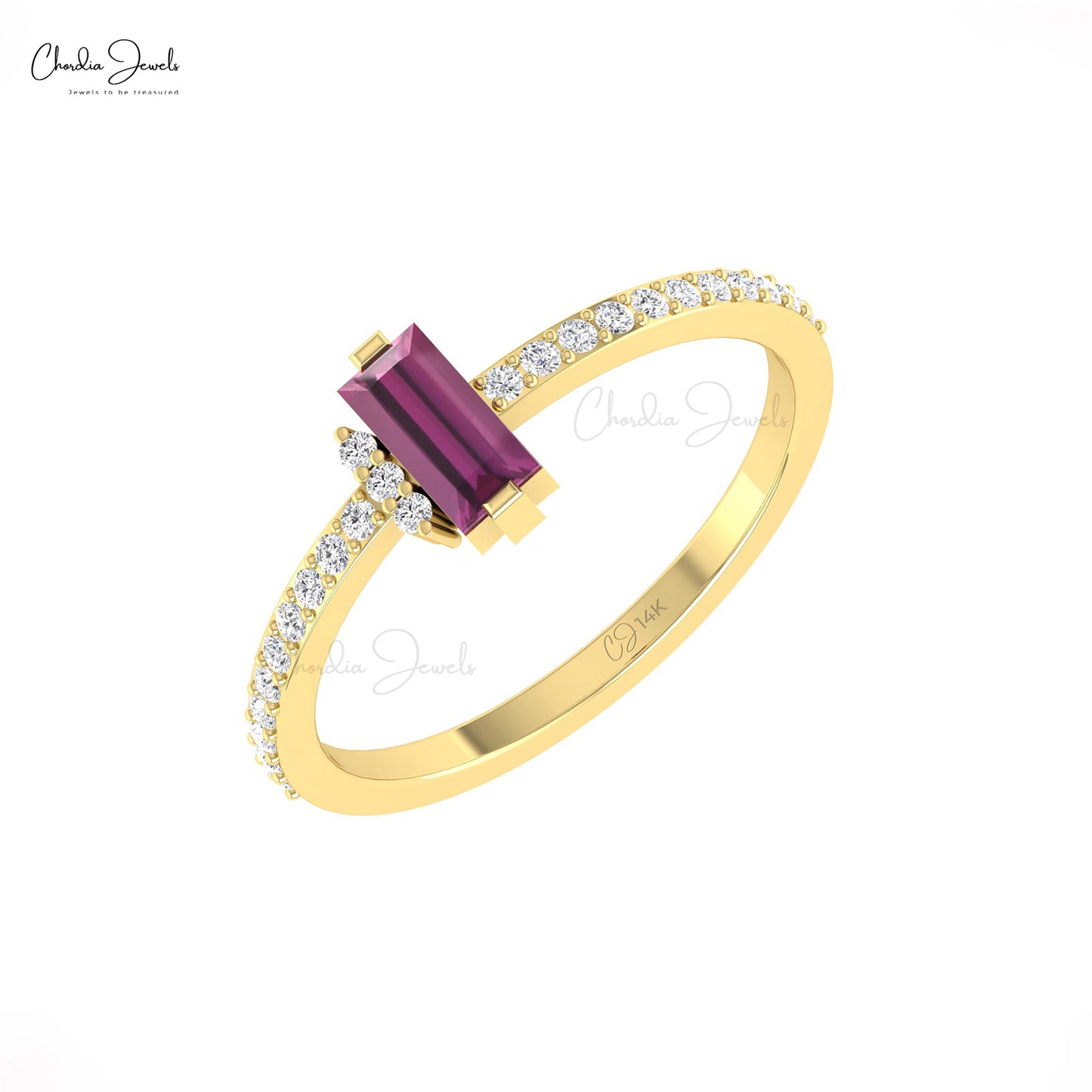 Natural Baguette Rhodolite Garnet And Diamond Accented In 14k Solid Gold Dainty Ring