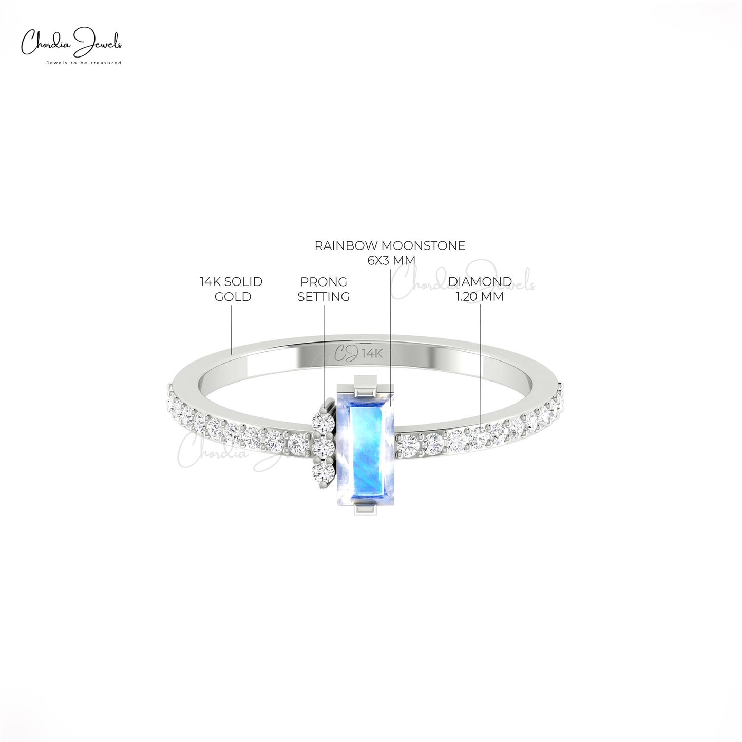 Natural Rainbow Moonstone 0.3 CT Gemstone And Round Diamond 14k Solid Gold Promise Ring