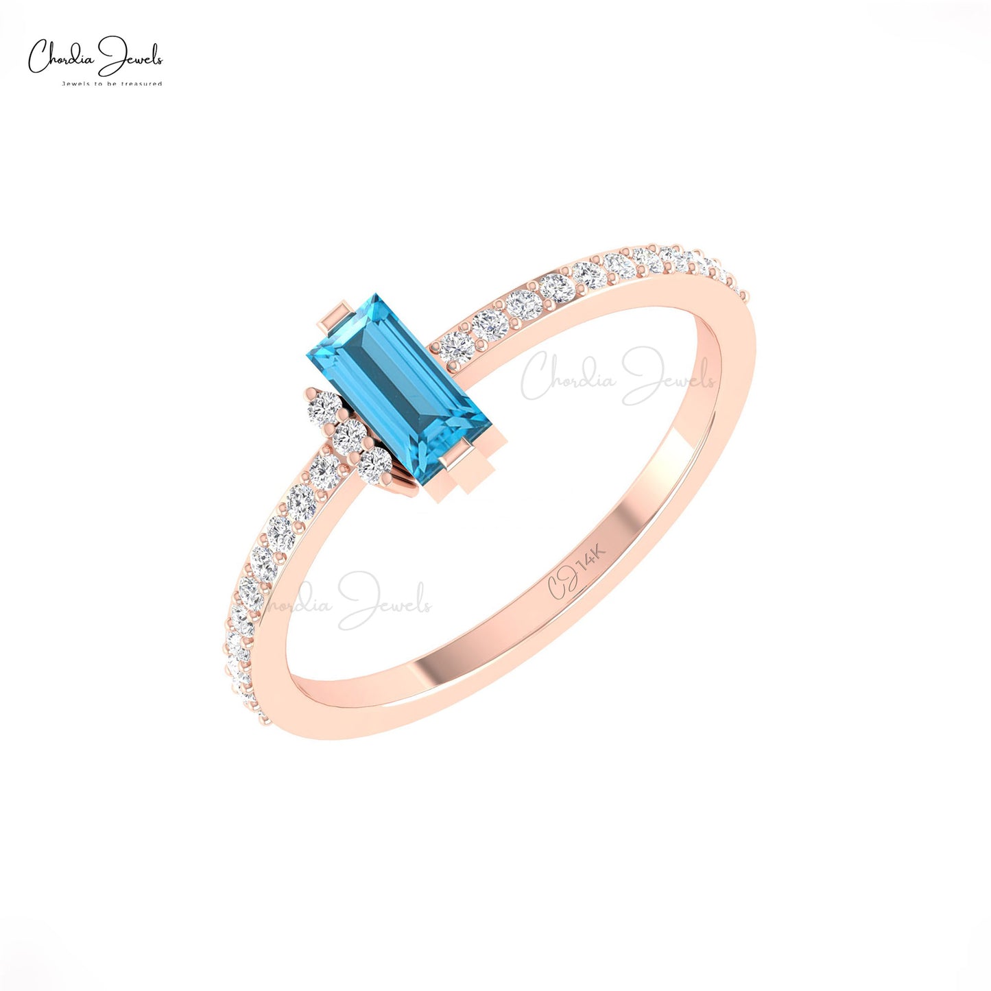 Solid 14k Gold Dainty Wedding Ring With 6x3mm Swiss Blue Topaz And Diamond Women Ring