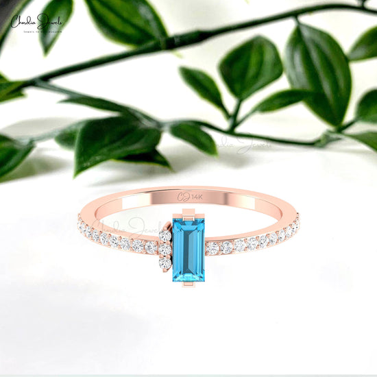 Solid 14k Gold Dainty Wedding Ring With 6x3mm Swiss Blue Topaz And Diamond Women Ring