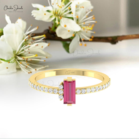 Dainty Baguette Pink Tourmaline And Pave Diamond Accent in Real 14k Gold Ring