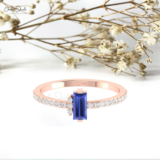 Real 14k Gold Diamond & 8x4mm Baguette Tanzanite Unique Wedding Rings For Her