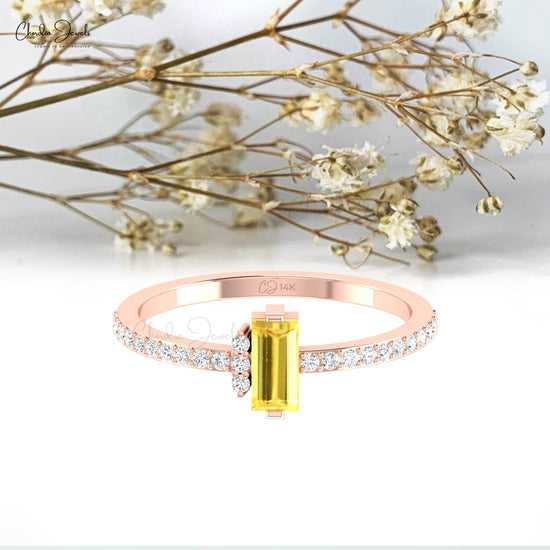 Natural Yellow Sapphire 0.47 Ct Gemstone and Diamond 14k Real Gold Dainty Ring