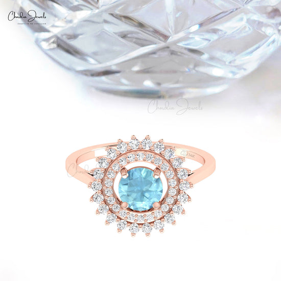 Cocktail Ring With 6mm Round Aquamarine And Diamond Women Engagement Ring In 14k Solid Gold