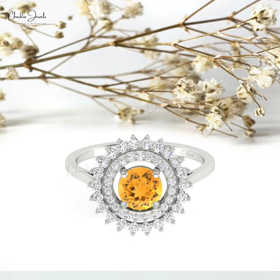 Real 14k Gold Cocktail Ring With 6mm Yellow Citrine And Diamond Halo Engagement Ring