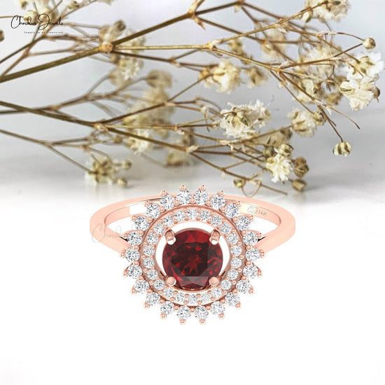 Double Halo 0.74 Ct Round Red Garnet And Dainty Diamond Accents In 14k Gold Cocktail Ring