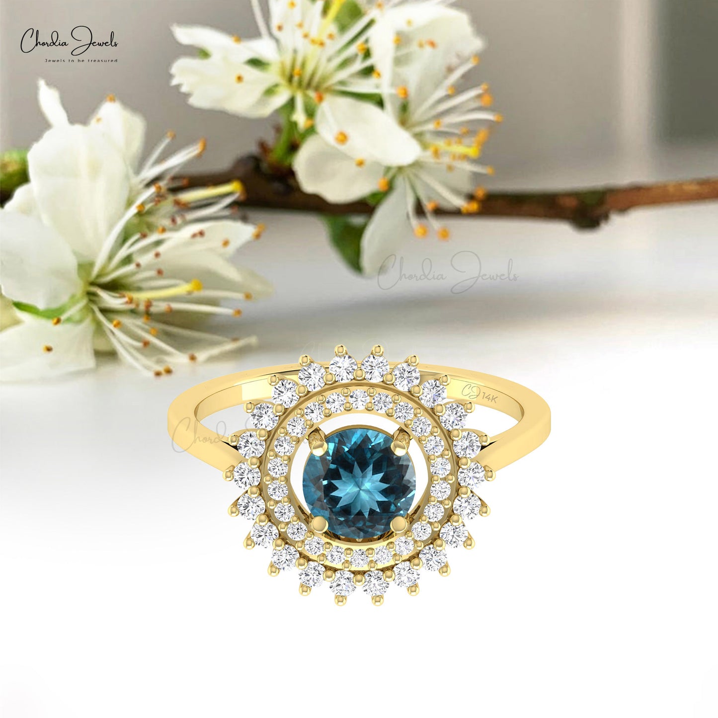 Statement Double Halo 0.74 Ct London Blue Topaz And Diamond 14k Gold Floral Ring