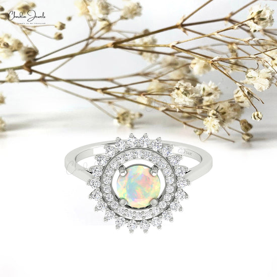 Cocktail Floral 6mm Fire Opal Gemstone And Diamond Halo 14k Real Gold Promise Ring