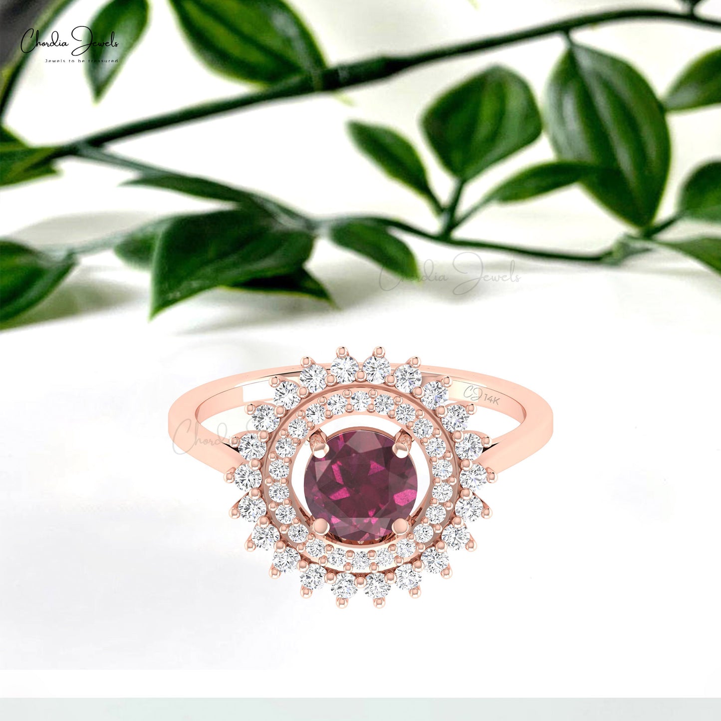 Double Halo Wedding Ring With 6mm Rhodolite Garnet And Diamond 14k Real Gold Rings