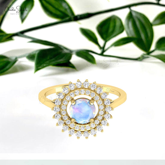 Halo Diamond Wedding Ring In 14k Solid Gold And 0.74 Ct Moonstone Cocktail Ring