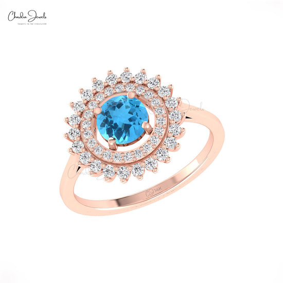 Cocktail Diamond Ring In 14k Solid Gold Swiss Blue Topaz 6mm Gemstone Halo Ring