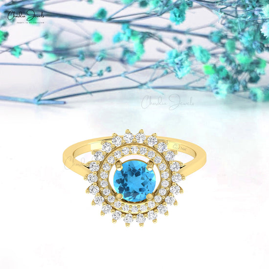 Cocktail Diamond Ring In 14k Solid Gold Swiss Blue Topaz 6mm Gemstone Halo Ring