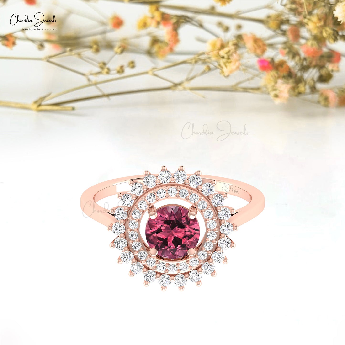 Floral Style 14k Solid Gold Ring WIth 6mm Pink Tourmaline And Diamond Double Halo Ring