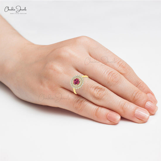 Floral Style 14k Solid Gold Ring WIth 6mm Pink Tourmaline And Diamond Double Halo Ring