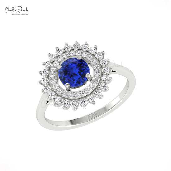 6mm Round Blue Tanzanite Double Halo Diamond Ring in 14k Solid Gold