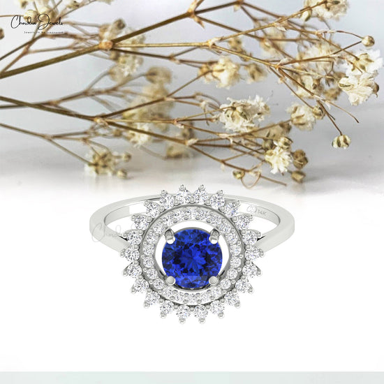 Blue Tanzanite Double Halo Ring