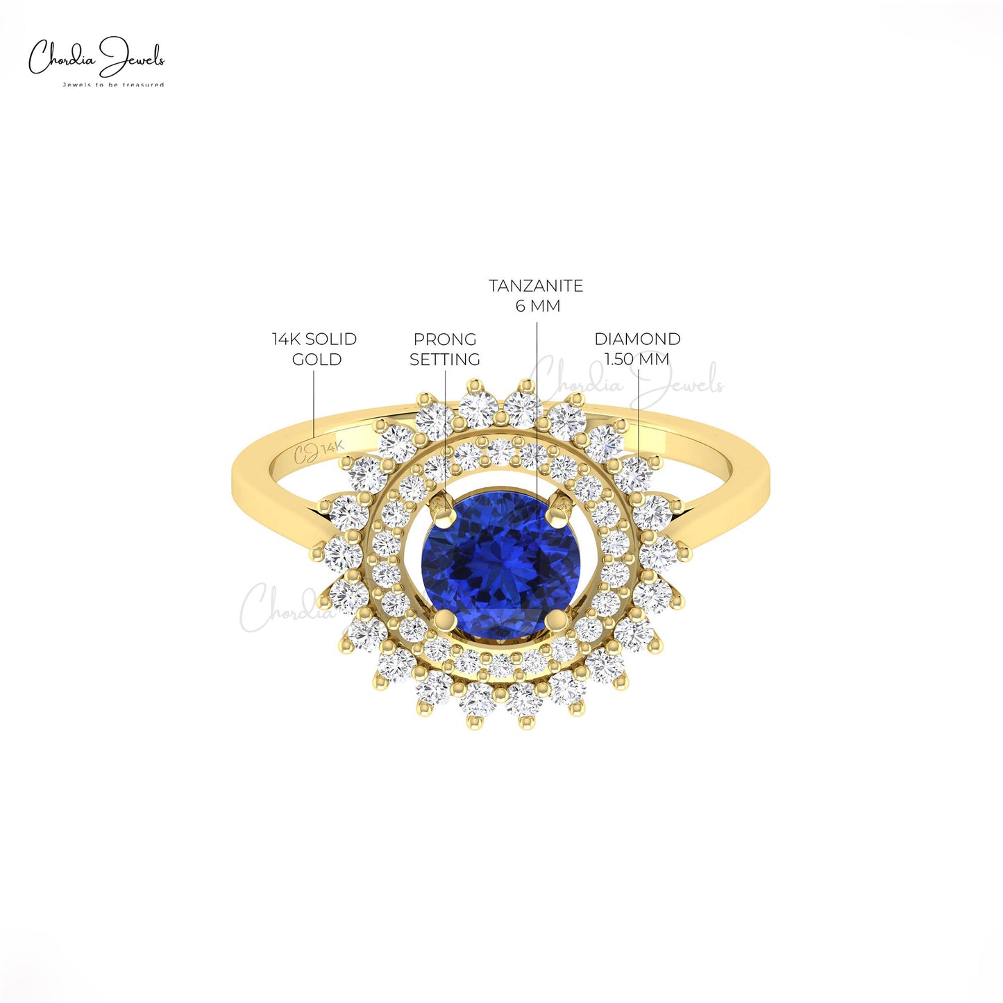 6mm Round Blue Tanzanite Double Halo Diamond Ring in 14k Solid Gold