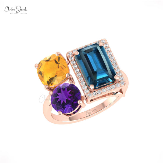 Statement 3.18 Ct London Blue Topaz And Amethyst Citrine With Diamond 14k Real Gold Cocktail Ring