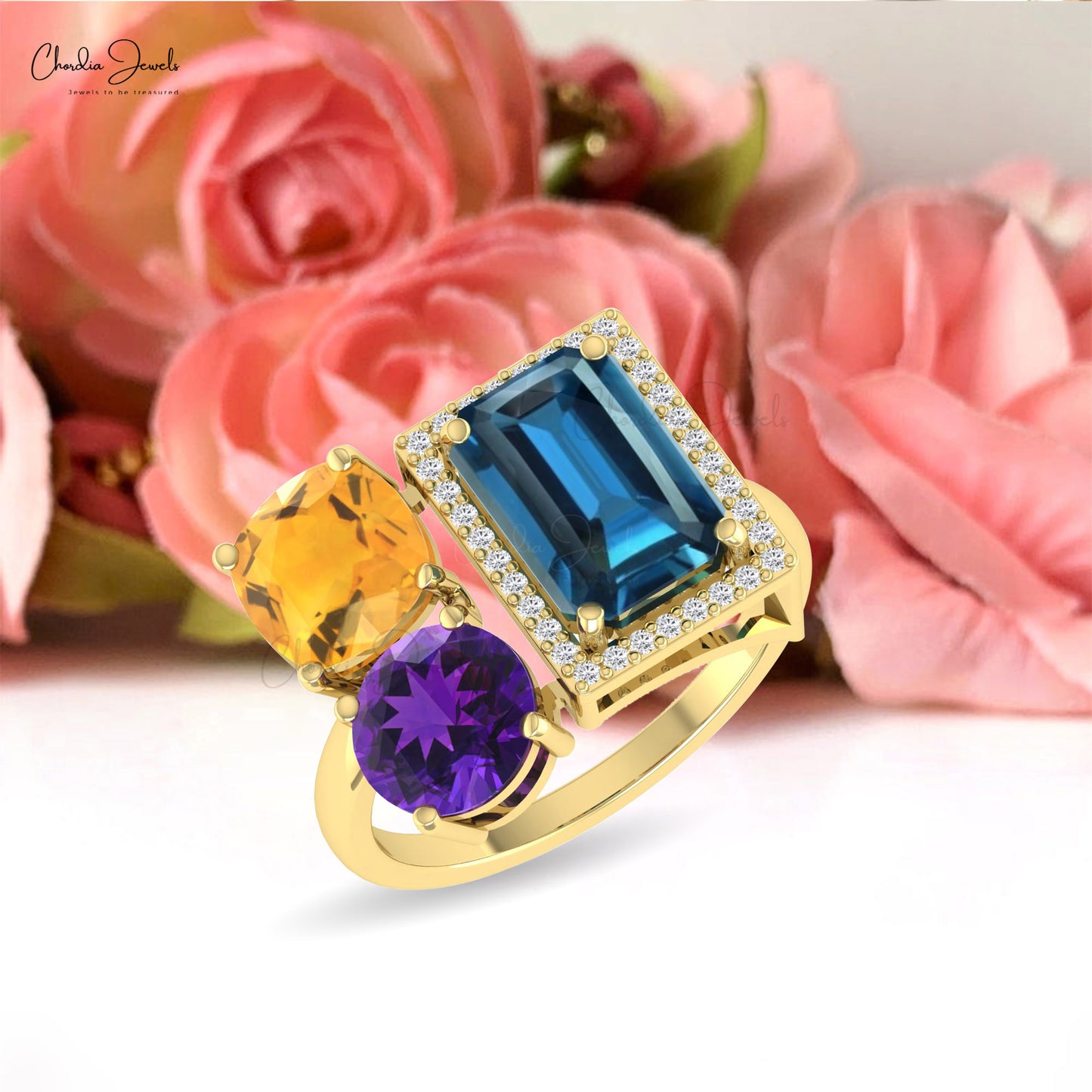 Statement 3.18 Ct London Blue Topaz And Amethyst Citrine With Diamond 14k Real Gold Cocktail Ring