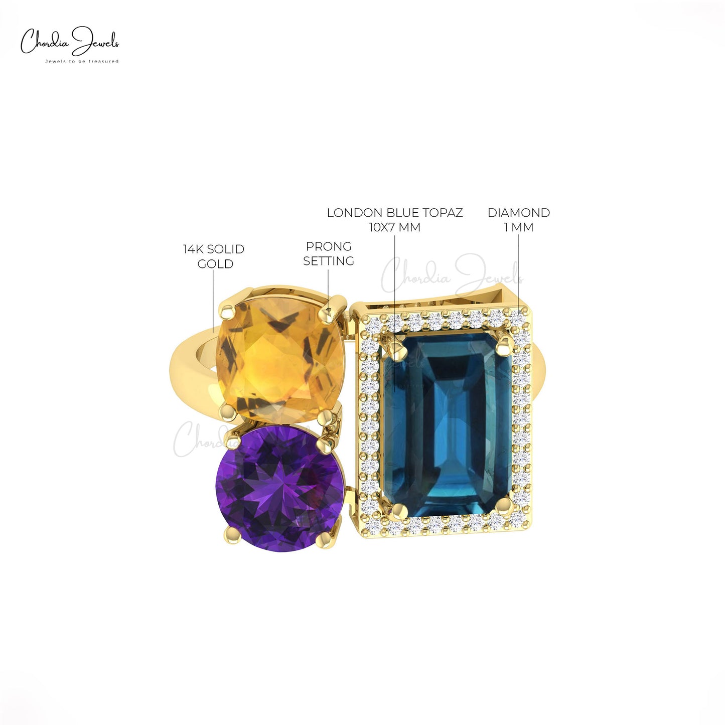 Statement 3.18 Ct London Blue Topaz And Amethyst Citrine With Diamond 14k Real Gold Cocktail Ring