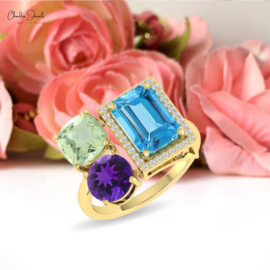 Three Stone Cocktail Ring With Swiss Blue Topaz And Amethyst Diamond Accents In 14k Gold Ring