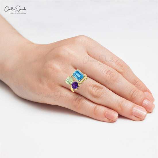 Three Stone Cocktail Ring With Swiss Blue Topaz And Amethyst Diamond Accents In 14k Gold Ring